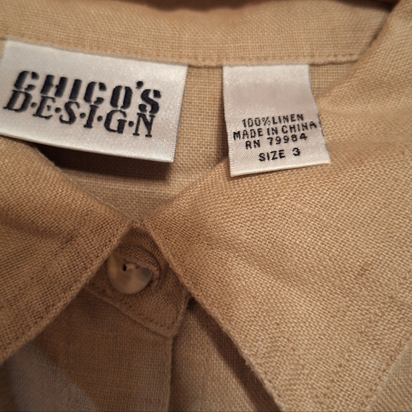 Chicos Blouse Button Front Shirt 3 or XL 16 LINEN Lagenlook TAN Coastal Oversize - Picture 2 of 3